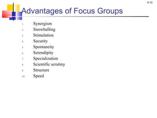 5-10
Advantages of Focus Groups
1. Synergism
2. Snowballing
3. Stimulation
4. Security
5. Spontaneity
6. Serendipity
7. Specialization
8. Scientific scrutiny
9. Structure
10. Speed
 