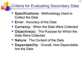 4-13
Criteria for Evaluating Secondary Data
 Specifications: Methodology Used to
Collect the Data
 Error: Accuracy of the Data
 Currency: When the Data Were Collected
 Objective(s): The Purpose for Which the
Data Were Collected
 Nature: The Content of the Data
 Dependability: Overall, How Dependable
Are the Data
 