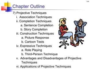 5-4
Chapter Outline
7) Projective Techniques
i. Association Techniques
ii. Completion Techniques
a. Sentence Completion
b. Story Completion
iii. Construction Techniques
a. Picture Response
b. Cartoon Tests
iv. Expressive Techniques
a. Role Playing
b. Third-Person Technique
v. Advantages and Disadvantages of Projective
Techniques
vi. Applications of Projective Techniques
 