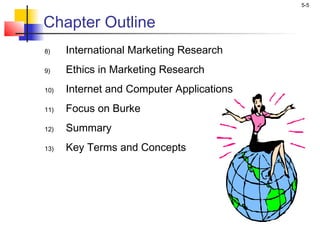 5-5
Chapter Outline
8) International Marketing Research
9) Ethics in Marketing Research
10) Internet and Computer Applications
11) Focus on Burke
12) Summary
13) Key Terms and Concepts
 