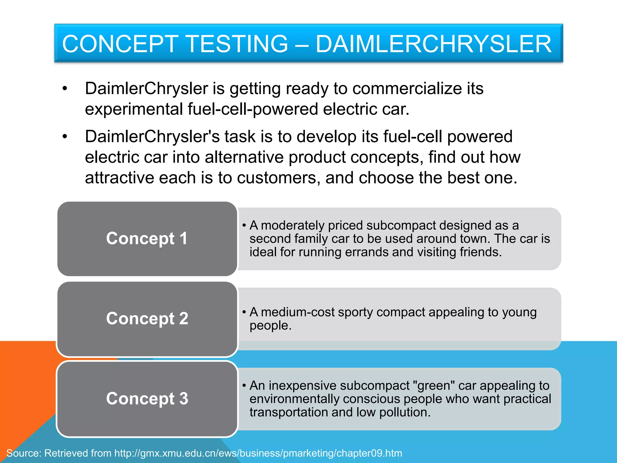 CONCEPT TESTING – DAIMLERCHRYSLER
           • DaimlerChrysler is getting ready to commercialize its
             experimental fuel-cell-powered electric car.
           • DaimlerChrysler's task is to develop its fuel-cell powered
             electric car into alternative product concepts, find out how
             attractive each is to customers, and choose the best one.

                                                • A moderately priced subcompact designed as a
                    Concept 1                     second family car to be used around town. The car is
                                                  ideal for running errands and visiting friends.



                                                • A medium-cost sporty compact appealing to young
                    Concept 2                     people.



                                                • An inexpensive subcompact "green" car appealing to
                    Concept 3                     environmentally conscious people who want practical
                                                  transportation and low pollution.


Source: Retrieved from http://gmx.xmu.edu.cn/ews/business/pmarketing/chapter09.htm
 