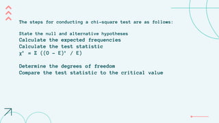 The steps for conducting a chi-square test are as follows:
State the null and alternative hypotheses
Calculate the expected frequencies
Calculate the test statistic
χ² = Σ ((O - E)² / E)
Determine the degrees of freedom
Compare the test statistic to the critical value
 