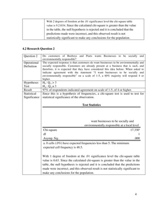 4
With 2 degrees of freedom at the .01 significance level the chi-square table
value is 9.21034. Since the calculated chi-square is greater than the value
in the table, the null hypothesis is rejected and it is concluded that the
predictions made were incorrect, and this observed result is not
statistically significant to make any conclusions for the population.
4.2 Research Question 2
Question 2 Do customers of Busboys and Poets wants Businesses to be socially and
environmentally responsible?
Operational
Definition
The expected response is that customers do want businesses to be environmentally and
socially responsible. Customers are already present at a business that is such, and
therefore, it is expected that they have considered this idea before. When asked to
indicate agreement with the statement “I want businesses to be socially and
environmentally responsible” on a scale of 1-5, a 60% majority will respond 4 or
higher.
Hypotheses
Test
H0 : Q11 > 3
HA : Q11≤ 3
Result 97% of respondents indicated agreement on scale of 1-5, of 4 or higher.
Statistical
Significance
Since this is a hypothesis of frequencies, a chi-square test is used to test for
statistical significance of the observation.
Test Statistics
	

 want businesses to be socially and
environmentally responsible at a local level
Chi-square 17.330a
df 1
Asymp. Sig. .000
a. 0 cells (.0%) have expected frequencies less than 5. The minimum
expected cell frequency is 48.5.
With 1 degree of freedom at the .01 significance level the chi-square table
value is 6.63. Since the calculated chi-square is greater than the value in the
table, the null hypothesis is rejected and it is concluded that the predictions
made were incorrect, and this observed result is not statistically significant to
make any conclusions for the population.
 