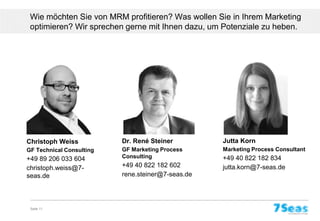 Wie möchten Sie von MRM profitieren? Was wollen Sie in Ihrem Marketing
 optimieren? Wir sprechen gerne mit Ihnen dazu, um Potenziale zu heben.




Christoph Weiss           Dr. René Steiner         Jutta Korn
GF Technical Consulting   GF Marketing Process     Marketing Process Consultant
+49 89 206 033 604        Consulting               +49 40 822 182 834
christoph.weiss@7-        +49 40 822 182 602       jutta.korn@7-seas.de
seas.de                   rene.steiner@7-seas.de




 Seite 11
 