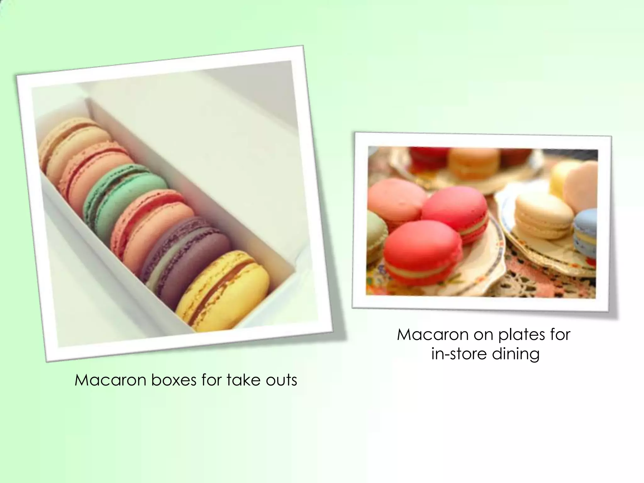 Macaron on plates for
                                 in-store dining
Macaron boxes for take outs
 