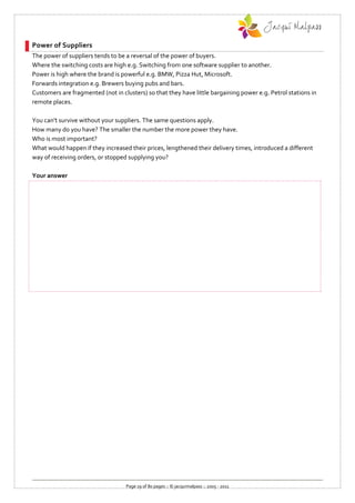 Power of Suppliers
The power of suppliers tends to be a reversal of the power of buyers.
Where the switching costs are high e.g. Switching from one software supplier to another.
Power is high where the brand is powerful e.g. BMW, Pizza Hut, Microsoft.
Forwards integration e.g. Brewers buying pubs and bars.
Customers are fragmented (not in clusters) so that they have little bargaining power e.g. Petrol stations in
remote places.

You can't survive without your suppliers. The same questions apply.
How many do you have? The smaller the number the more power they have.
Who is most important?
What would happen if they increased their prices, lengthened their delivery times, introduced a different
way of receiving orders, or stopped supplying you?

Your answer




                                   Page 19 of 80 pages :: © jacquimalpass :: 2005 - 2011
 