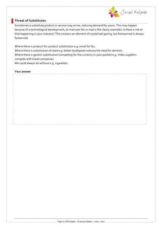 Threat of Substitutes
Sometimes a substitute product or service may arrive, reducing demand for yours. This may happen
because of a technological development, (e-mail over fax or mail is the classic example). Is there a risk of
that happening in your industry? This contains an element of crystal ball gazing, but forewarned is always
forearmed.

Where there is product-for-product substitution e.g. email for fax.
Where there is substitution of need e.g. better toothpaste reduces the need for dentists.
Where there is generic substitution (competing for the currency in your pocket) e.g. Video suppliers
compete with travel companies.
We could always do without e.g. cigarettes.

Your answer




                                   Page 21 of 80 pages :: © jacquimalpass :: 2005 - 2011
 