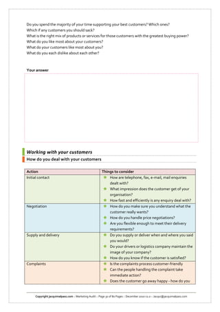 Do you spend the majority of your time supporting your best customers? Which ones?
Which if any customers you should sack?
What is the right mix of products or services for those customers with the greatest buying power?
What do you like most about your customers?
What do your customers like most about you?
What do you each dislike about each other?



Your answer




Working with your customers
How do you deal with your customers

Action                                                   Things to consider
Initial contact                                            How are telephone, fax, e-mail, mail enquiries
                                                             dealt with?
                                                           What impression does the customer get of your
                                                             organisation?
                                                           How fast and efficiently is any enquiry deal with?
Negotiation                                                How do you make sure you understand what the
                                                             customer really wants?
                                                           How do you handle price negotiations?
                                                           Are you flexible enough to meet their delivery
                                                             requirements?
Supply and delivery                                        Do you supply or deliver when and where you said
                                                             you would?
                                                           Do your drivers or logistics company maintain the
                                                             image of your company?
                                                           How do you know if the customer is satisfied?
Complaints                                                 Is the complaints process customer-friendly
                                                           Can the people handling the complaint take
                                                             immediate action?
                                                           Does the customer go away happy - how do you


     Copyright jacquimalpass.com :: Marketing Audit :: Page 30 of 80 Pages :: December 2010 v2.0 :: Jacqui@jacquimalpass.com
 
