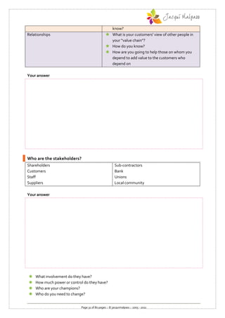 know?
Relationships                                   What is your customers' view of other people in
                                                 your “value chain”?
                                                How do you know?
                                                How are you going to help those on whom you
                                                 depend to add value to the customers who
                                                 depend on

Your answer




Who are the stakeholders?
Shareholders                                           Sub-contractors
Customers                                              Bank
Staff                                                  Unions
Suppliers                                              Local community

Your answer




   What involvement do they have?
   How much power or control do they have?
   Who are your champions?
   Who do you need to change?


                            Page 31 of 80 pages :: © jacquimalpass :: 2005 - 2011
 