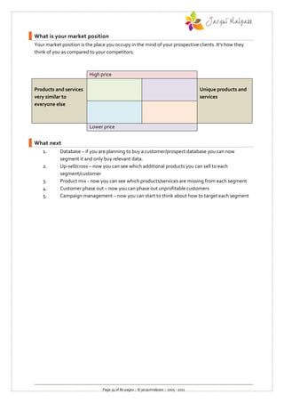 What is your market position
Your market position is the place you occupy in the mind of your prospective clients. It's how they
think of you as compared to your competitors.



                          High price

Products and services                                                                   Unique products and
very similar to                                                                         services
everyone else



                          Lower price


What next
    1.      Database – if you are planning to buy a customer/prospect database you can now
            segment it and only buy relevant data.
    2.      Up-sell/cross – now you can see which additional products you can sell to each
            segment/customer
    3.      Product mix - now you can see which products/services are missing from each segment
    4.      Customer phase out – now you can phase out unprofitable customers
    5.      Campaign management – now you can start to think about how to target each segment




                                Page 34 of 80 pages :: © jacquimalpass :: 2005 - 2011
 