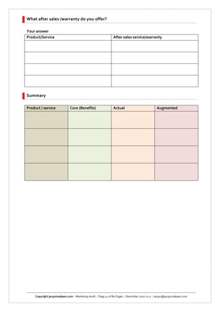 What after sales /warranty do you offer?

Your answer
Product/Service                                                   After sales service/warranty




Summary

Product / service               Core (Benefits)                   Actual                            Augmented




     Copyright jacquimalpass.com :: Marketing Audit :: Page 42 of 80 Pages :: December 2010 v2.0 :: Jacqui@jacquimalpass.com
 