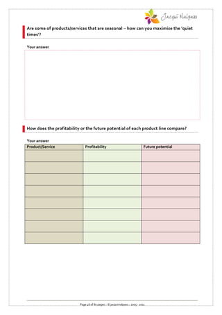 Are some of products/services that are seasonal – how can you maximise the 'quiet
times'?

Your answer




How does the profitability or the future potential of each product line compare?

Your answer
Product/Service               Profitability                                   Future potential




                          Page 46 of 80 pages :: © jacquimalpass :: 2005 - 2011
 