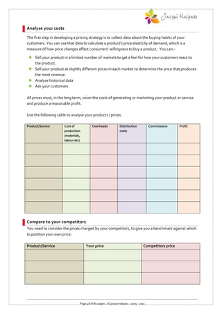 Analyse your costs

The first step in developing a pricing strategy is to collect data about the buying habits of your
customers. You can use that data to calculate a product's price elasticity of demand, which is a
measure of how price changes affect consumers' willingness to buy a product. You can:-

 Sell your product in a limited number of markets to get a feel for how your customers react to
  the product.
 Sell your product at slightly different prices in each market to determine the price that produces
  the most revenue.
 Analyse historical data
 Ask your customers

All prices must, in the long term, cover the costs of generating or marketing your product or service
and produce a reasonable profit.

Use the following table to analyse your products / prices.

Product/Service        Cost of            Overheads              Distribution            Commissions    Profit
                       production                                costs
                       (materials,
                       labour etc)




Compare to your competitors
You need to consider the prices charged by your competitors, to give you a benchmark against which
to position your own price.

Product/Service                      Your price                                     Competitors price




                                 Page 48 of 80 pages :: © jacquimalpass :: 2005 - 2011
 
