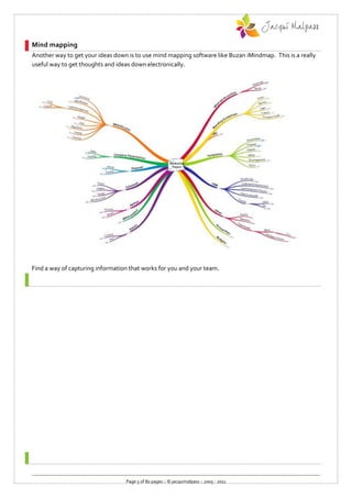 Mind mapping
Another way to get your ideas down is to use mind mapping software like Buzan iMindmap. This is a really
useful way to get thoughts and ideas down electronically.




Find a way of capturing information that works for you and your team.




                                  Page 5 of 80 pages :: © jacquimalpass :: 2005 - 2011
 