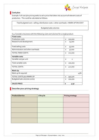 Cost plus
Example: Full cost plus pricing seeks to set a price that takes into account all relevant costs of
production. This could be calculated as follows:

      Total budgeted cost + selling / distribution costs + other overheads + MARK UP ON COST

                                          Budgeted sales volumes


E.g. Consider a business with the following costs and volumes for a single product:
Fixed costs:
Production costs                                                        £ 100,000
Research and development                                                £    25,000

Fixed selling costs                                                                      £   55,000
Administration and other overheads                                                       £   32,000
TOTAL FIXED COSTS                                                                        £   212,000

Variable costs
Variable cost per unit                                                                   £      2

Total variable costs                                                                     £   200,000

TOTAL COSTS                                                                              £   412,000

Mark-Up
Mark-up % required                                                                                      45%
TOTAL COSTS plus MARK UP                                                                 £   597,400
Budgeted sale volumes (units)                                                            £   100,000

SALES PRICE                                                                              £      5.97

Describe your pricing strategy


Product/Service                      Lifecycle                                       Pricing strategy




                                 Page 51 of 80 pages :: © jacquimalpass :: 2005 - 2011
 
