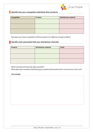 Identify how your competitors distribute their products

Competitor                          Product                                         Distribution method




How does your direct competition sell their product? Is it effective enough to follow?

Identify costs associated with your distribution channels

Product                             Distribution method                             Costs




Which channels will maximise sales and profit?
What alternative methods of distributing your product that would result in more service or less cost?

Your answer




                                Page 55 of 80 pages :: © jacquimalpass :: 2005 - 2011
 