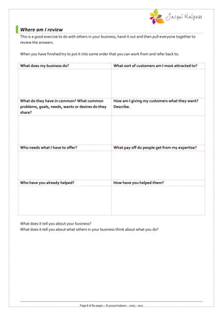 Where am I review
This is a good exercise to do with others in your business, hand it out and then pull everyone together to
review the answers.

When you have finished try to put it into some order that you can work from and refer back to.

What does my business do?                                      What sort of customers am I most attracted to?




What do they have in common? What common                       How am I giving my customers what they want?
problems, goals, needs, wants or desires do they               Describe.
share?




Who needs what I have to offer?                                What pay off do people get from my expertise?




Who have you already helped?                                   How have you helped them?




What does it tell you about your business?
What does it tell you about what others in your business think about what you do?




                                    Page 8 of 80 pages :: © jacquimalpass :: 2005 - 2011
 
