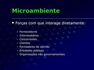MicroambienteMicroambiente
 Forças com que interage diretamente:Forças com que interage diretamente:
– FornecedoresFornecedores
– IntermediáriosIntermediários
– ConcorrentesConcorrentes
– ClientesClientes
– Formadores de opiniãoFormadores de opinião
– Entidades públicasEntidades públicas
– Organizações não governamentaisOrganizações não governamentais
 