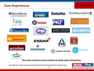 27
Team Experiences Our Experiences
Our team members have worked at world class Companies
*Any trademarks or logos used th...