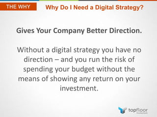 Why Do I Need a Digital Strategy?
Gives Your Company Better Direction.
Without a digital strategy you have no
direction – and you run the risk of
spending your budget without the
means of showing any return on your
investment.
 