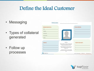 Define the Ideal Customer
• Messaging
• Types of collateral
generated
• Follow up
processes
 