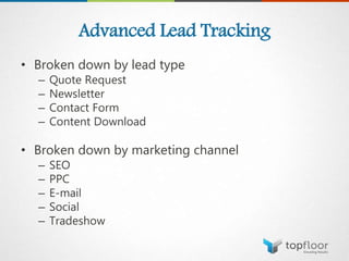 Advanced Lead Tracking
• Broken down by lead type
– Quote Request
– Newsletter
– Contact Form
– Content Download
• Broken down by marketing channel
– SEO
– PPC
– E-mail
– Social
– Tradeshow
 