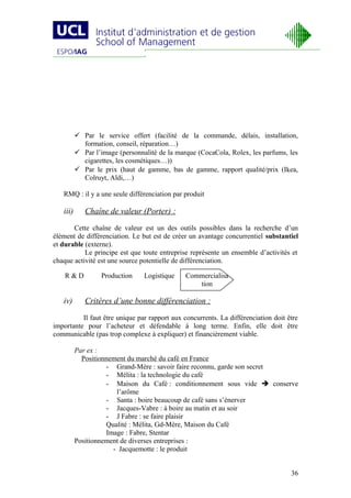  Par le service offert (facilité de la commande, délais, installation,
            formation, conseil, réparation…)
           Par l’image (personnalité de la marque (CocaCola, Rolex, les parfums, les
            cigarettes, les cosmétiques…))
           Par le prix (haut de gamme, bas de gamme, rapport qualité/prix (Ikea,
            Colruyt, Aldi,…)

   RMQ : il y a une seule différenciation par produit

   iii)      Chaîne de valeur (Porter) :

       Cette chaîne de valeur est un des outils possibles dans la recherche d’un
élément de différenciation. Le but est de créer un avantage concurrentiel substantiel
et durable (externe).
           Le principe est que toute entreprise représente un ensemble d’activités et
chaque activité est une source potentielle de différenciation.

    R&D            Production    Logistique    Commercialisa
                                                  tion

   iv)       Critères d’une bonne différenciation :

          Il faut être unique par rapport aux concurrents. La différenciation doit être
importante pour l’acheteur et défendable à long terme. Enfin, elle doit être
communicable (pas trop complexe à expliquer) et financièrement viable.

          Par ex :
            Positionnement du marché du café en France
                    - Grand-Mère : savoir faire reconnu, garde son secret
                    - Mélita : la technologie du café
                    - Maison du Café : conditionnement sous vide  conserve
                       l’arôme
                    - Santa : boire beaucoup de café sans s’énerver
                    - Jacques-Vabre : à boire au matin et au soir
                    - J Fabre : se faire plaisir
                    Qualité : Mélita, Gd-Mère, Maison du Café
                    Image : Fabre, Stentar
          Positionnement de diverses entreprises :
                      - Jacquemotte : le produit


                                                                                    36
 
