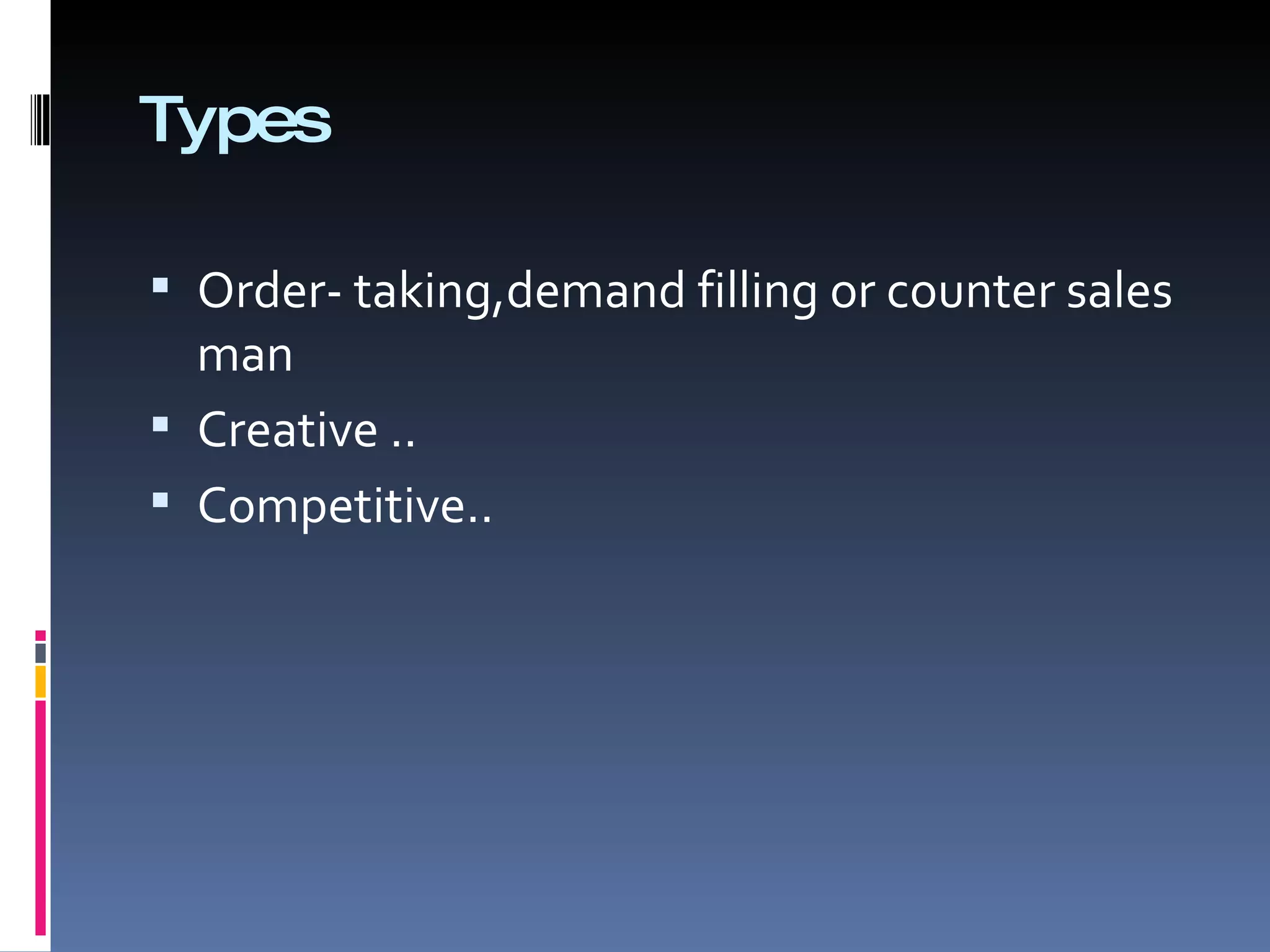 Types Order- taking,demand filling or counter sales man Creative .. Competitive.. 