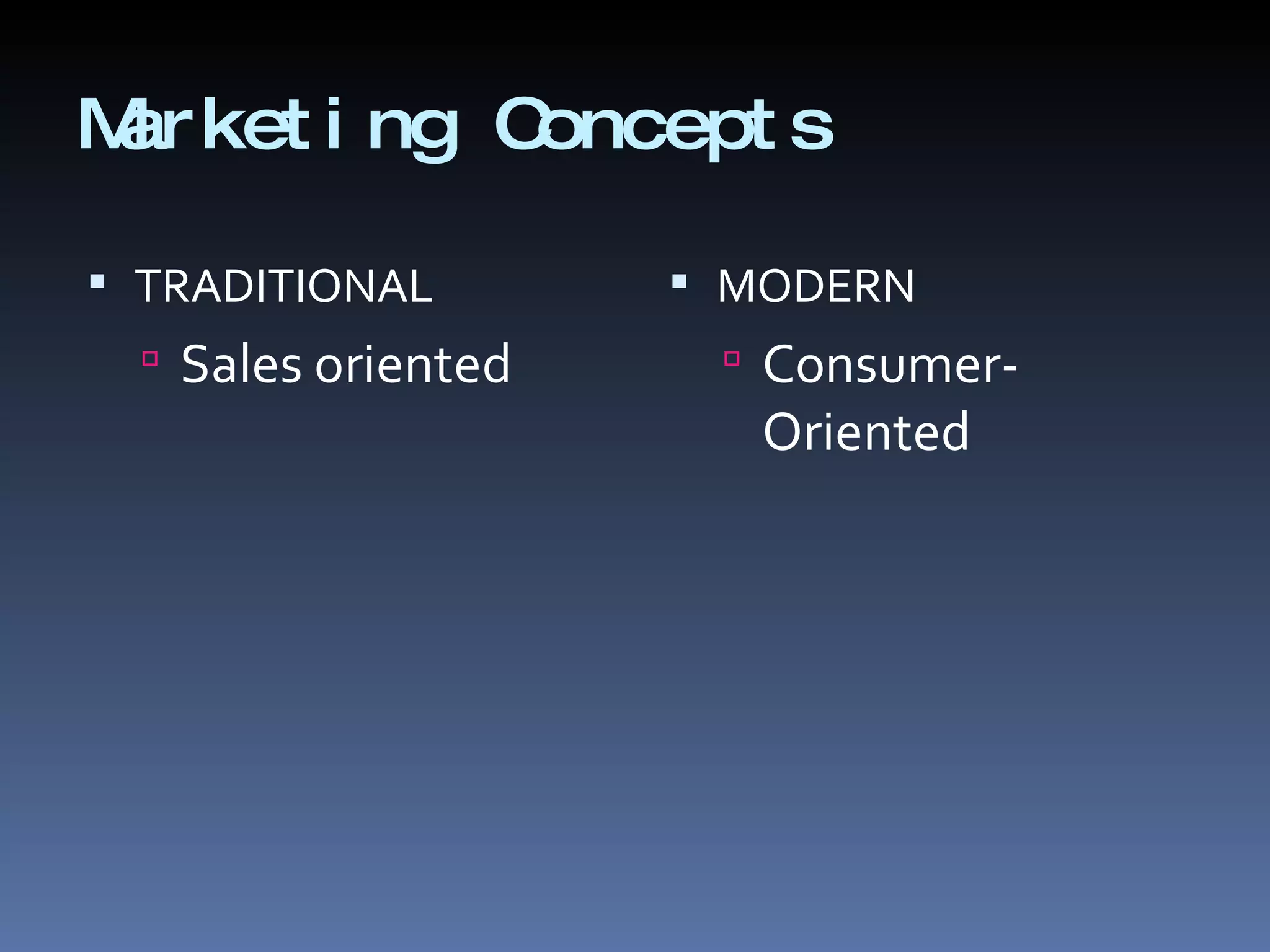 Marketing Concepts TRADITIONAL Sales oriented MODERN Consumer-Oriented 