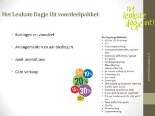 Het Leukste Dagje Uit voordeelpakket


   • Kortingen en voordeel             Kortingsmogelijkheden
                                       • 10 t/m 100 % korting
                                       • 2=1
   • Arrangementen en aanbiedingen     • Gratis overnachting
                                       • Gratis product (knuffel, souvenir
                                         etc.)




                                                                              www.hetleukstedagjeuit.nl
                                       • Gratis kop koffie/thee/+gebak
   • Joint promotions                  • 1=1 gratis
                                       • Feestdagen korting
                                       • Maandkorting
                                       • Weekend korting
   • Card verkoop                      • Bv. 4 euro korting op entree
                                       • 2 kaartje gratis
                                       • Van –voor
                                       • Gratis ijsje
                                       • 20% korting op de gehele rekening
                                       • 2 koffie voor 2 euro
                                       • 5%korting op lunch en diner
                                       • 2 euro korting op een nagerecht
                                       • 1,5 uur bowlen voor de prijs van 1
                                         uur
                                       • Twee koffie/thee gratis
                                       • Op=Op
                                       • Kinderkorting
                                       • Ouderenkorting
 
