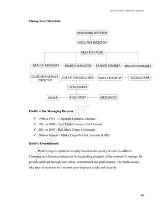 SANTHAN R MBA IB | PONDICHERRY UNIVERSITY
48
Management Structure
Profile of the Managing Director
 1986 to 1991 – Corporate Couriers, Chennai.
 1991 to 2000 – First Flight Couriers Ltd, Chennai.
 2001 to 2007 - Hall Mark Cargo, Cofounder.
 2006 to Present - Marks Cargo Pvt Ltd, Founder & MD.
Quality Commitment:
Marks Cargo‘s reputation is aptly based on the quality of services offered.
Customer satisfaction continues to be the guiding principle of the company‘s strategy for
growth achieved through innovation, commitment and performance. The professionals
take special measures to transport your shipment safely and securely.
 