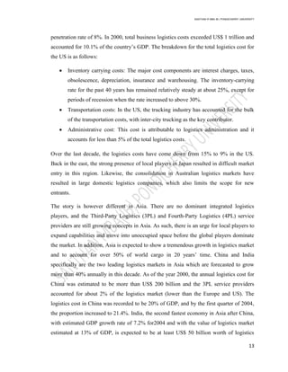 SANTHAN R MBA IB | PONDICHERRY UNIVERSITY
13
penetration rate of 8%. In 2000, total business logistics costs exceeded US$ 1 trillion and
accounted for 10.1% of the country‘s GDP. The breakdown for the total logistics cost for
the US is as follows:
 Inventory carrying costs: The major cost components are interest charges, taxes,
obsolescence, depreciation, insurance and warehousing. The inventory-carrying
rate for the past 40 years has remained relatively steady at about 25%, except for
periods of recession when the rate increased to above 30%.
 Transportation costs: In the US, the trucking industry has accounted for the bulk
of the transportation costs, with inter-city trucking as the key contributor.
 Administrative cost: This cost is attributable to logistics administration and it
accounts for less than 5% of the total logistics costs.
Over the last decade, the logistics costs have come down from 15% to 9% in the US.
Back in the east, the strong presence of local players in Japan resulted in difficult market
entry in this region. Likewise, the consolidation in Australian logistics markets have
resulted in large domestic logistics companies, which also limits the scope for new
entrants.
The story is however different in Asia. There are no dominant integrated logistics
players, and the Third-Party Logistics (3PL) and Fourth-Party Logistics (4PL) service
providers are still growing concepts in Asia. As such, there is an urge for local players to
expand capabilities and move into unoccupied space before the global players dominate
the market. In addition, Asia is expected to show a tremendous growth in logistics market
and to account for over 50% of world cargo in 20 years‘ time. China and India
specifically are the two leading logistics markets in Asia which are forecasted to grow
more than 40% annually in this decade. As of the year 2000, the annual logistics cost for
China was estimated to be more than US$ 200 billion and the 3PL service providers
accounted for about 2% of the logistics market (lower than the Europe and US). The
logistics cost in China was recorded to be 20% of GDP, and by the first quarter of 2004,
the proportion increased to 21.4%. India, the second fastest economy in Asia after China,
with estimated GDP growth rate of 7.2% for2004 and with the value of logistics market
estimated at 13% of GDP, is expected to be at least US$ 50 billion worth of logistics
 