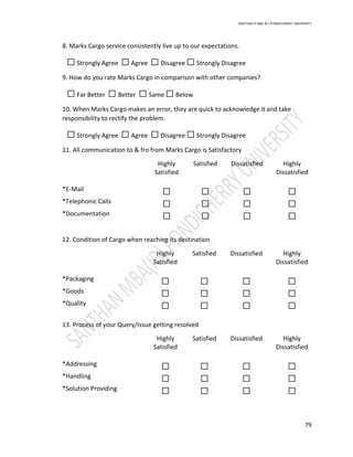 SANTHAN R MBA IB | PONDICHERRY UNIVERSITY
79
8. Marks Cargo service consistently live up to our expectations.
☐ Strongly Agree ☐ Agree ☐ Disagree ☐ Strongly Disagree
9. How do you rate Marks Cargo in comparison with other companies?
☐ Far Better ☐ Better ☐ Same ☐ Below
10. When Marks Cargo makes an error, they are quick to acknowledge it and take
responsibility to rectify the problem.
☐ Strongly Agree ☐ Agree ☐ Disagree ☐ Strongly Disagree
11. All communication to & fro from Marks Cargo is Satisfactory
Highly
Satisfied
Satisfied Dissatisfied Highly
Dissatisfied
*E-Mail ☐ ☐ ☐ ☐
*Telephonic Calls ☐ ☐ ☐ ☐
*Documentation ☐ ☐ ☐ ☐
12. Condition of Cargo when reaching its destination
Highly
Satisfied
Satisfied Dissatisfied Highly
Dissatisfied
*Packaging ☐ ☐ ☐ ☐
*Goods ☐ ☐ ☐ ☐
*Quality ☐ ☐ ☐ ☐
13. Process of your Query/Issue getting resolved
Highly
Satisfied
Satisfied Dissatisfied Highly
Dissatisfied
*Addressing ☐ ☐ ☐ ☐
*Handling ☐ ☐ ☐ ☐
*Solution Providing ☐ ☐ ☐ ☐
 