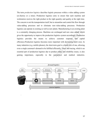SANTHAN R MBA IB | PONDICHERRY UNIVERSITY
17
The term production logistics describes logistic processes within a value adding system
(ex:factory or a mine). Production logistics aims to ensure that each machine and
workstation receives the right product in the right quantity and quality at the right time.
The concern is not the transportation itself, but to streamline and control the flow through
value-adding processes and to eliminate non–value-adding processes. Production
logistics can operate in existing as well as new plants. Manufacturing in an existing plant
is a constantly changing process. Machines are exchanged and new ones added, which
gives the opportunity to improve the production logistics system accordingly. Production
logistics provides the means to achieve customer response and capital
efficiency.Production logistics becomes more important with decreasing batch sizes. In
many industries (e.g. mobile phones), the short-term goal is a batch size of one, allowing
even a single customer's demand to be fulfilled efficiently. Track and tracing, which is an
essential part of production logistics due to product safety and reliability issues, is also
gaining importance, especially in the automotive and medical industries.
 