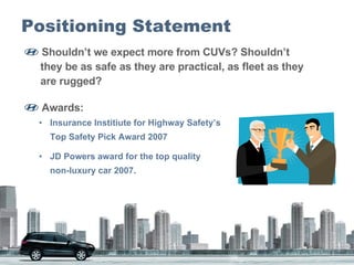 Positioning Statement  Shouldn’t we expect more from CUVs? Shouldn’t    they be as safe as they are practical, as fleet as they    are rugged?  Awards: Insurance Institiute for Highway Safety’s  Top Safety Pick Award 2007 JD Powers award for the top quality  non-luxury car 2007. 