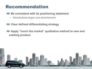 Recommendation Be consistent with its positioning statement Standardized slogan and advertisement Clear defined differentiating strategy Apply “touch the market” qualitative method to new and existing product 
