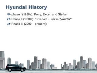 Hyundai History phase I (1980s): Pony, Excel, and Stellar  Phase II (1990s):  "it’s nice ... for a Hyundai“ Phase III (2000 – present):  