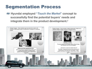 Segmentation Process Hyundai employed  “ Touch the Market ”  concept to    successfully find the potential buyers’ needs and    integrate them in the product development. 2 