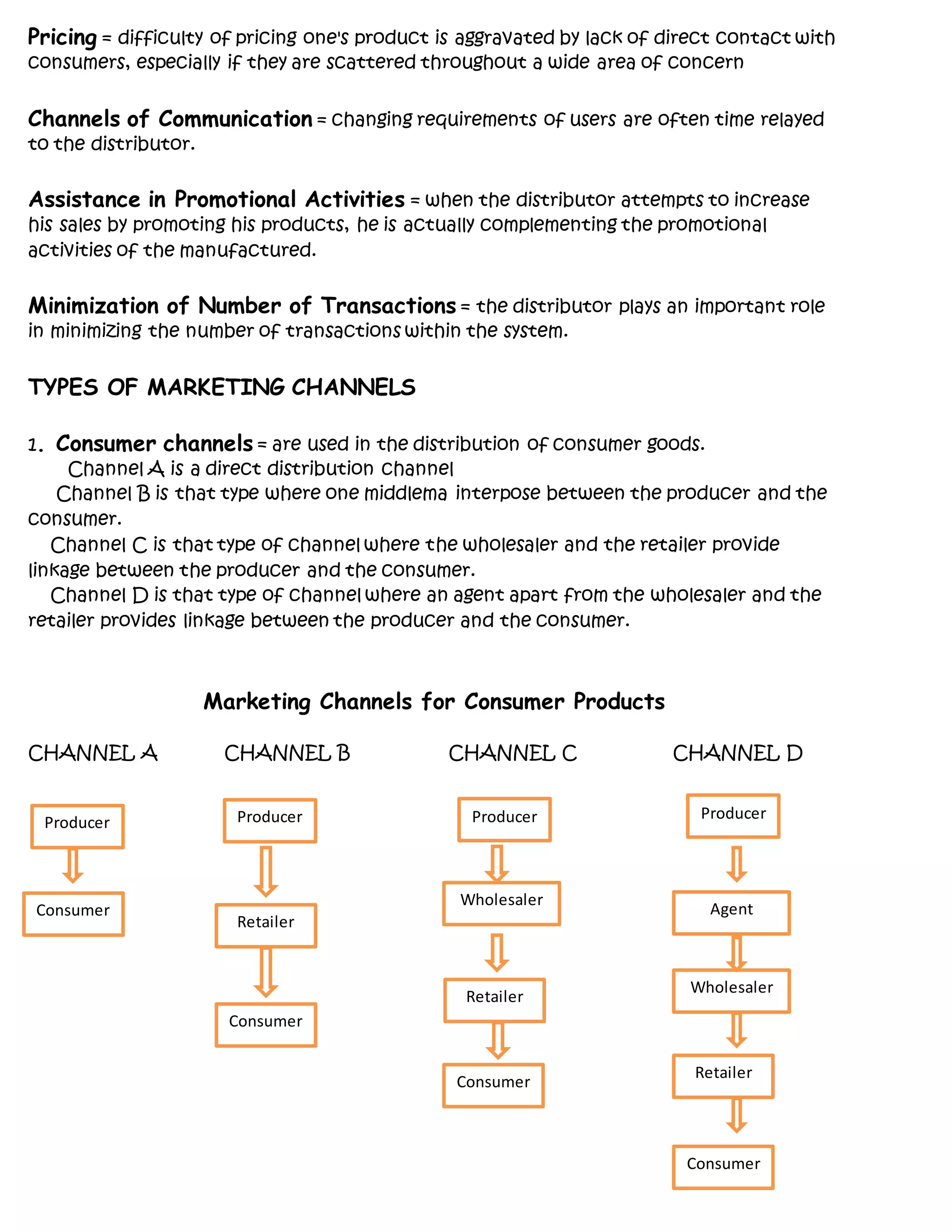 Pricing = difficulty of pricing one's product is aggravated by lack of direct contact with
consumers, especially if they are scattered throughout a wide area of concern
Channels of Communication = changing requirements of users are often time relayed
to the distributor.
Assistance in Promotional Activities = when the distributor attempts to increase
his sales by promoting his products, he is actually complementing the promotional
activities of the manufactured.
Minimization of Number of Transactions = the distributor plays an important role
in minimizing the number of transactions within the system.
TYPES OF MARKETING CHANNELS
1. Consumer channels = are used in the distribution of consumer goods.
Channel A is a direct distribution channel
Channel B is that type where one middlema interpose between the producer and the
consumer.
Channel C is that type of channel where the wholesaler and the retailer provide
linkage between the producer and the consumer.
Channel D is that type of channel where an agent apart from the wholesaler and the
retailer provides linkage between the producer and the consumer.
Marketing Channels for Consumer Products
CHANNEL A CHANNEL B CHANNEL C CHANNEL D
Producer Producer ProducerProducer
Retailer
Consumer
Consumer
Wholesaler
Retailer
Consumer
Agent
Wholesaler
Retailer
Consumer
 