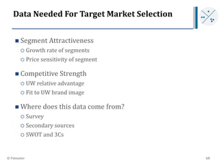 Data Needed For Target Market Selection
 Segment Attractiveness
 Growth rate of segments
 Price sensitivity of segment
...