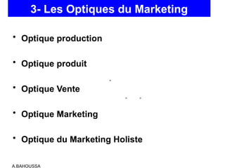 A.BAHOUSSA
3- Les Optiques du Marketing
• Optique production
• Optique produit
• Optique Vente
• Optique Marketing
• Optique du Marketing Holiste
 