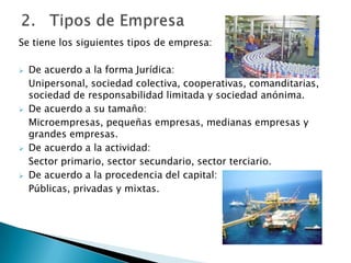 Se tiene los siguientes tipos de empresa:
 De acuerdo a la forma Jurídica:
Unipersonal, sociedad colectiva, cooperativas, comanditarias,
sociedad de responsabilidad limitada y sociedad anónima.
 De acuerdo a su tamaño:
Microempresas, pequeñas empresas, medianas empresas y
grandes empresas.
 De acuerdo a la actividad:
Sector primario, sector secundario, sector terciario.
 De acuerdo a la procedencia del capital:
Públicas, privadas y mixtas.
 