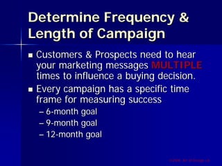 Determine Frequency &
Length of Campaign
 Customers & Prospects need to hear
 your marketing messages MULTIPLE
 times to influence a buying decision.
 Every campaign has a specific time
 frame for measuring success
 – 6-month goal
 – 9-month goal
 – 12-month goal

                              ©2009, Art of Design i.d.
 