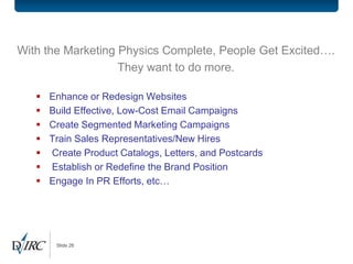 With the Marketing Physics Complete, People Get Excited….
                   They want to do more.

      Enhance or Redesign Websites
      Build Effective, Low-Cost Email Campaigns
      Create Segmented Marketing Campaigns
      Train Sales Representatives/New Hires
      Create Product Catalogs, Letters, and Postcards
      Establish or Redefine the Brand Position
      Engage In PR Efforts, etc…




        Slide 26
 