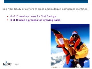 In a NIST Study of owners of small and midsized companies identified:

    6 of 10 need a process for Cost Savings
    8 of 10 need a process for Growing Sales




         Slide 6
 