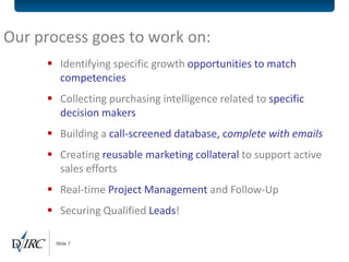 Our process goes to work on:
      Identifying specific growth opportunities to match
       competencies
      Collecting purchasing intelligence related to specific
       decision makers
      Building a call-screened database, complete with emails
      Creating reusable marketing collateral to support active
       sales efforts
      Real-time Project Management and Follow-Up
      Securing Qualified Leads!

       Slide 7
 