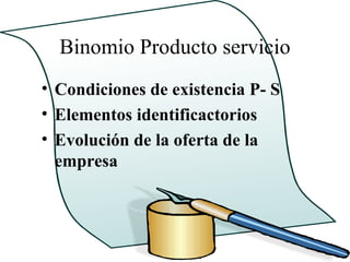 Binomio Producto servicio
• Condiciones de existencia P- S
• Elementos identificactorios
• Evolución de la oferta de la
  empresa
 