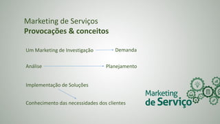 Marketing de Serviços
Provocações & conceitos
Um Marketing de Investigação Demanda
Análise Planejamento
Implementação de Soluções
Conhecimento das necessidades dos clientes
 