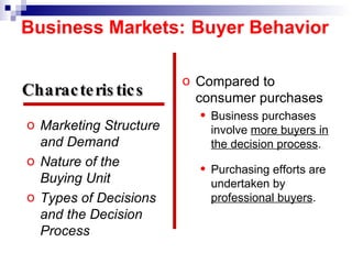 Marketing Structure and Demand Nature of the  Buying Unit Types of Decisions and the Decision Process Compared to consumer purchases Business purchases involve  more buyers in the decision process . Purchasing efforts are undertaken by  professional buyers . Characteristics   Business Markets:   Buyer Behavior 