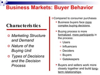 Marketing Structure and Demand Nature of the  Buying Unit Types of Decisions and the Decision Process Compared to consumer purchases Business buyers face  more complex buying decisions . Buying process is more  formalized ,  more participants  in the process: Users Influencers Deciders Buyers Gatekeepers Buyers and sellers work more closely together and build  long-term relationships . Characteristics   Business Markets: Buyer Behavior 